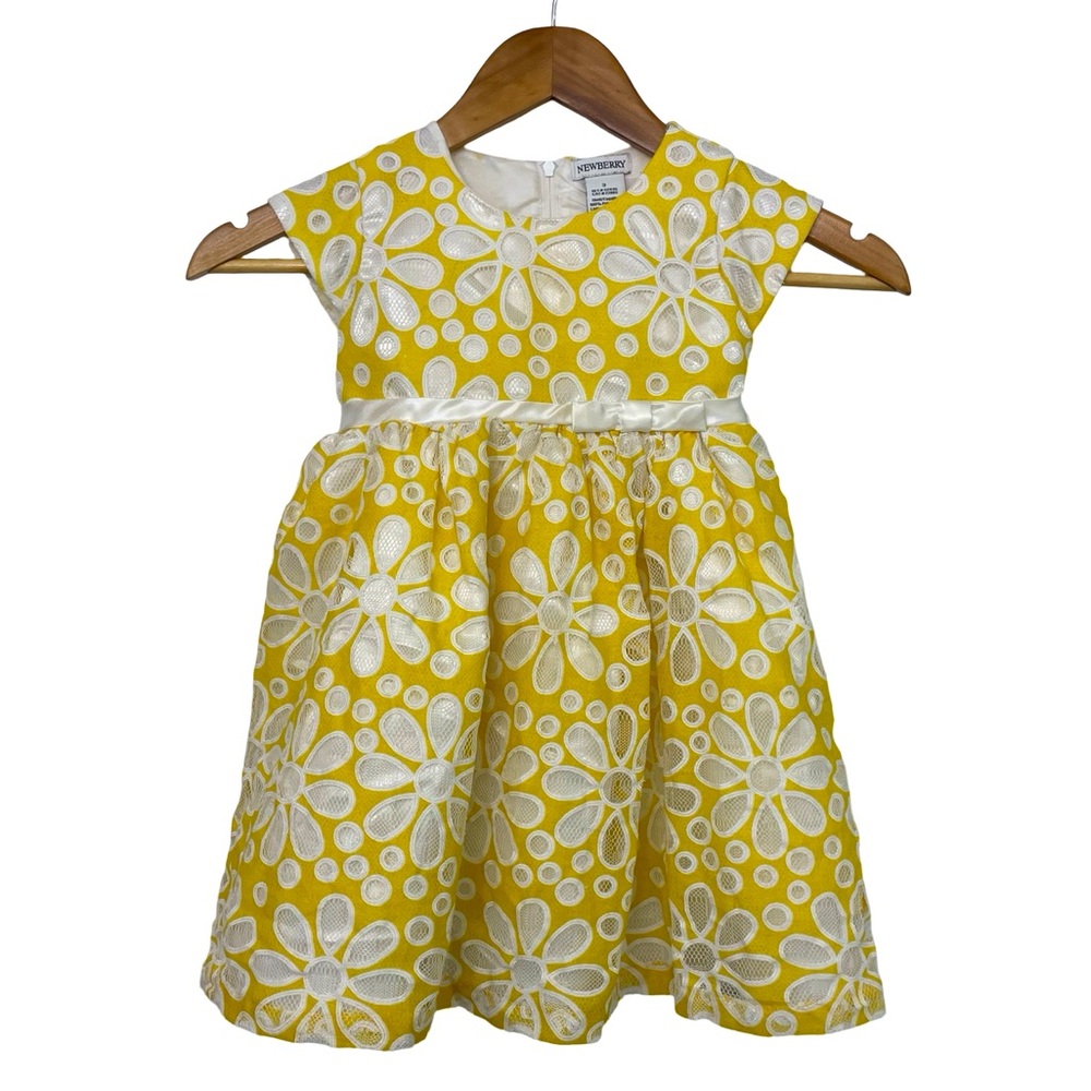 [3T] NEWBERRY Dress Girls Yellow Floral Occasion Dress Ribbon Waist Daisy